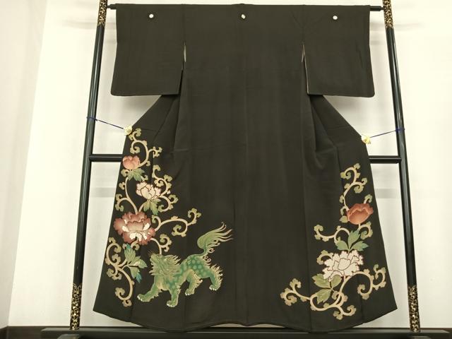 平和屋着物●アンティーク　大正ロマン　黒留袖　唐獅子牡丹　金糸　正絹　逸品　AABF0476fy