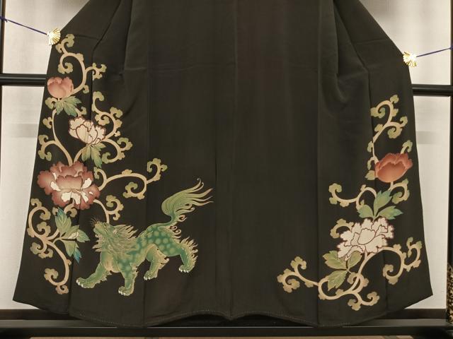 平和屋着物●アンティーク　大正ロマン　黒留袖　唐獅子牡丹　金糸　正絹　逸品　AABF0476fy