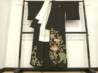 平和屋着物●アンティーク　大正ロマン　黒留袖　唐獅子牡丹　金糸　正絹　逸品　AABF0476fy