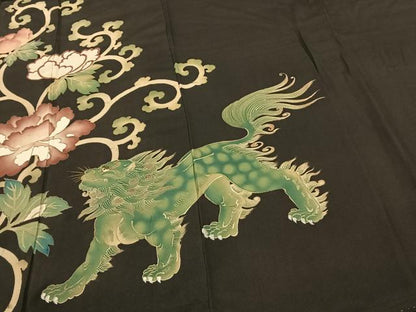 平和屋着物●アンティーク　大正ロマン　黒留袖　唐獅子牡丹　金糸　正絹　逸品　AABF0476fy