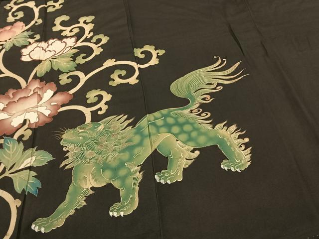 平和屋着物●アンティーク　大正ロマン　黒留袖　唐獅子牡丹　金糸　正絹　逸品　AABF0476fy