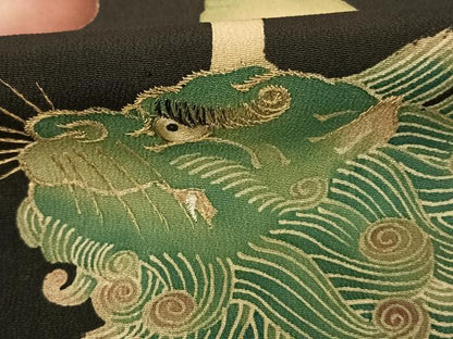平和屋着物●アンティーク　大正ロマン　黒留袖　唐獅子牡丹　金糸　正絹　逸品　AABF0476fy