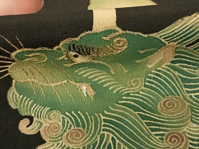 平和屋着物●アンティーク　大正ロマン　黒留袖　唐獅子牡丹　金糸　正絹　逸品　AABF0476fy