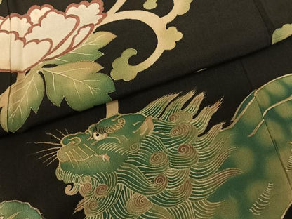 平和屋着物●アンティーク　大正ロマン　黒留袖　唐獅子牡丹　金糸　正絹　逸品　AABF0476fy