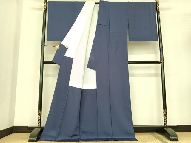 平和屋着物●京友禅 染清水 色無地 青褐色 ロング丈 正絹 逸品 AABF0494fy