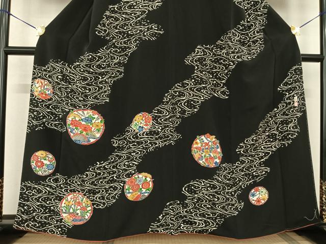 平和屋着物●江戸紅型 五味桂子 訪問着 花丸文 黒地 やまと誂製 正絹 逸品 AABF0505fy