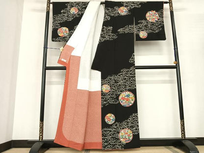 平和屋着物●江戸紅型 五味桂子 訪問着 花丸文 黒地 やまと誂製 正絹 逸品 AABF0505fy