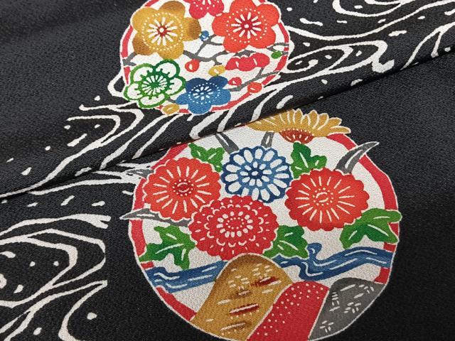 平和屋着物●江戸紅型 五味桂子 訪問着 花丸文 黒地 やまと誂製 正絹 逸品 AABF0505fy