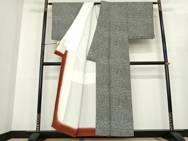 平和屋着物●上質な小紋 横段樹林文 黒地 正絹 逸品 AABF0507fy