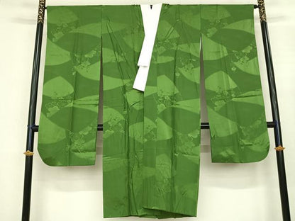 平和屋着物●振袖用長襦袢 袷 枝梅地紋 鶸萌黄色 正絹 逸品 AABF0522fy