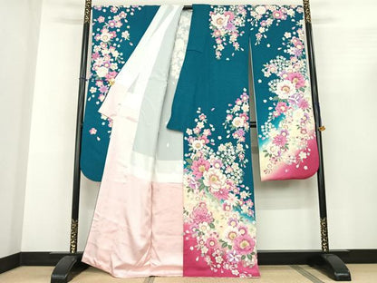 平和屋着物●豪華振袖 刺繍 草花文 暈し染め 金糸 金彩 銀通し地 正絹 逸品 AABF0529fy