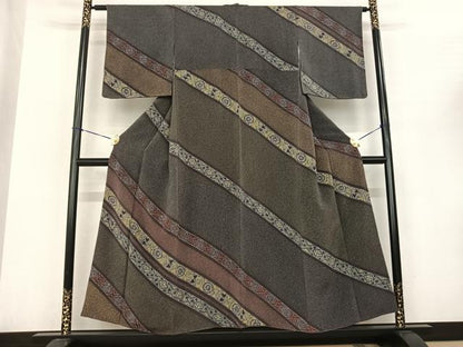 平和屋着物●訪問着 斜縞 鬼しぼ縮緬 正絹 逸品 AABF0535fy