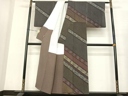 平和屋着物●訪問着 斜縞 鬼しぼ縮緬 正絹 逸品 AABF0535fy