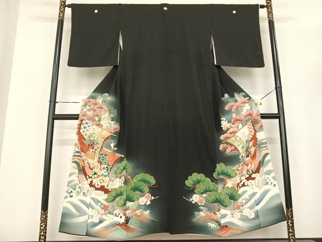 平和屋着物●アンティーク 大正ロマン 黒留袖 刺繍 宝船 暈し染め 金銀糸 金彩 両褄 江戸褄 正絹 逸品 AABF0537fy