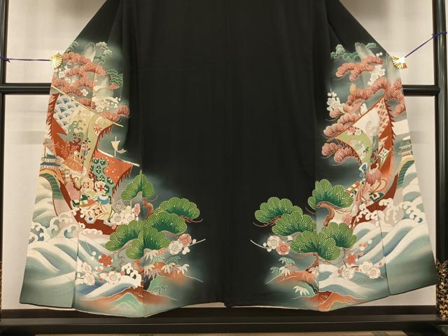 平和屋着物●アンティーク 大正ロマン 黒留袖 刺繍 宝船 暈し染め 金銀糸 金彩 両褄 江戸褄 正絹 逸品 AABF0537fy