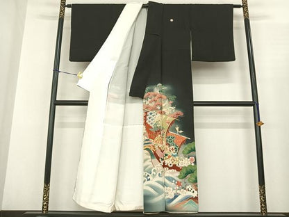 平和屋着物●アンティーク 大正ロマン 黒留袖 刺繍 宝船 暈し染め 金銀糸 金彩 両褄 江戸褄 正絹 逸品 AABF0537fy