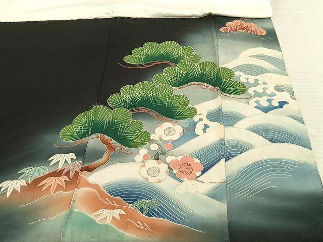平和屋着物●アンティーク 大正ロマン 黒留袖 刺繍 宝船 暈し染め 金銀糸 金彩 両褄 江戸褄 正絹 逸品 AABF0537fy