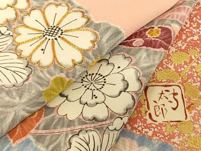 平和屋着物●紫綬褒章　巨匠『岩田専太郎』　振袖　駒刺繍　辻が花　金彩　正絹　逸品　AABF0538fy