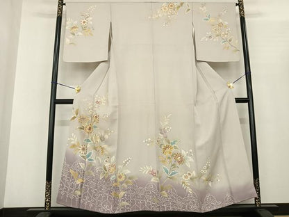 平和屋着物●訪問着 駒刺繍 草花文 暈し染め 金糸 金彩 正絹 逸品 AABF0541fy