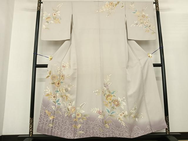 平和屋着物●訪問着 駒刺繍 草花文 暈し染め 金糸 金彩 正絹 逸品 AABF0541fy