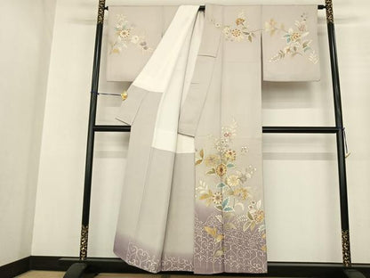 平和屋着物●訪問着 駒刺繍 草花文 暈し染め 金糸 金彩 正絹 逸品 AABF0541fy