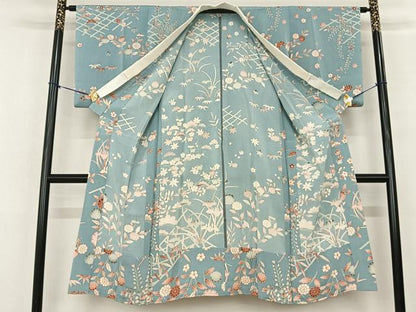平和屋着物●長襦袢 単衣 草花文 鬼しぼ縮緬 正絹 逸品 AABF0549fy