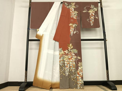 平和屋着物●訪問着 駒刺繍 草花文 金彩 正絹 逸品 AABF0550fy