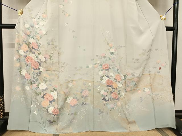 平和屋着物●十日町友禅作家 松雨 訪問着 花鳥文 金彩 正絹 逸品 AABF0561fy