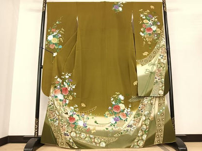 平和屋着物●豪華振袖 刺繍 手描き 熨斗花文 暈し染め 金糸 金彩 正絹 逸品 AABF0562fy