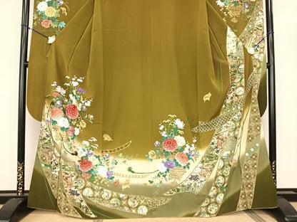 平和屋着物●豪華振袖 刺繍 手描き 熨斗花文 暈し染め 金糸 金彩 正絹 逸品 AABF0562fy