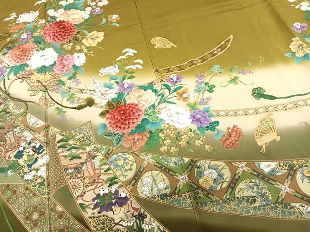平和屋着物●豪華振袖 刺繍 手描き 熨斗花文 暈し染め 金糸 金彩 正絹 逸品 AABF0562fy