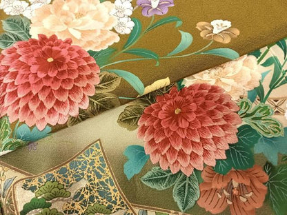 平和屋着物●豪華振袖 刺繍 手描き 熨斗花文 暈し染め 金糸 金彩 正絹 逸品 AABF0562fy