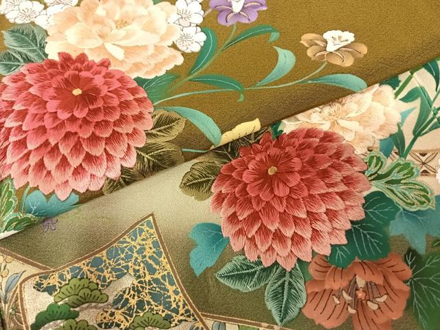 平和屋着物●豪華振袖 刺繍 手描き 熨斗花文 暈し染め 金糸 金彩 正絹 逸品 AABF0562fy