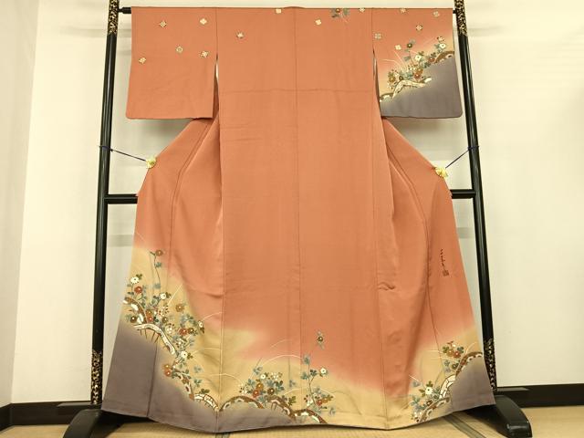 平和屋着物●世界的友禅作家 千地泰弘 訪問着 草花文 暈し染め 金彩 正絹 逸品 AABF0563fy