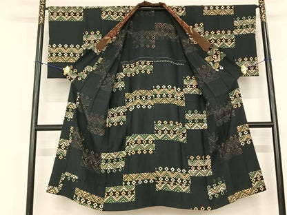 平和屋着物●長襦袢 無双仕立て 幾何学文様 黒地 正絹 逸品 AABF0566fy