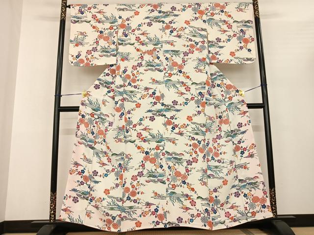 平和屋着物●上質な小紋 型染め 花鳥文 正絹 逸品 未使用 AABF0569fy