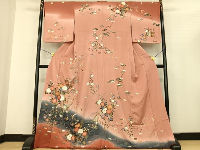 平和屋着物●訪問着 風景花文 暈し染め ロング丈 正絹 逸品 AABF0570fy