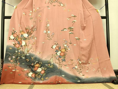 平和屋着物●訪問着 風景花文 暈し染め ロング丈 正絹 逸品 AABF0570fy