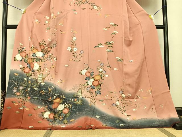 平和屋着物●訪問着 風景花文 暈し染め ロング丈 正絹 逸品 AABF0570fy