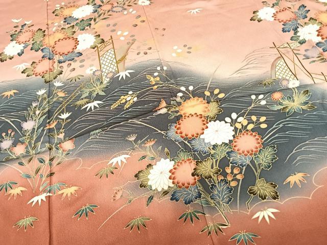 平和屋着物●訪問着 風景花文 暈し染め ロング丈 正絹 逸品 AABF0570fy