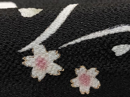 平和屋着物●上質な小紋 舞桜文 黒地 金彩 鬼しぼ縮緬 正絹 逸品 AABF0571fy