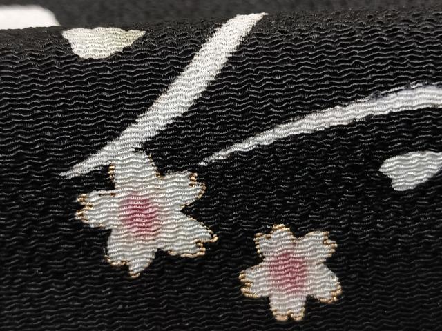 平和屋着物●上質な小紋 舞桜文 黒地 金彩 鬼しぼ縮緬 正絹 逸品 AABF0571fy