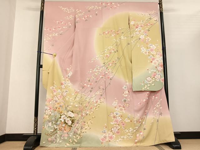 平和屋着物●豪華振袖 駒刺繍 片輪車花文 暈し染め 正絹 逸品 AABF0586fy