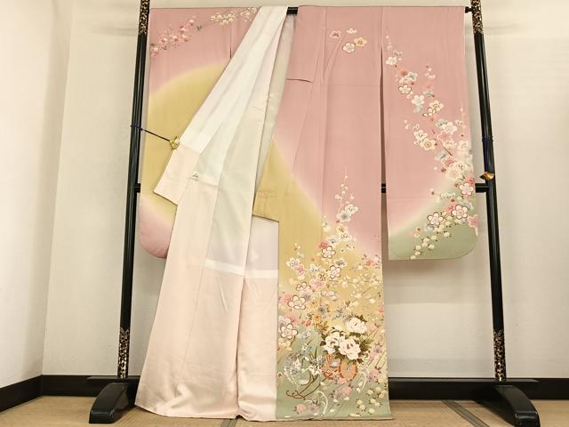 平和屋着物●豪華振袖 駒刺繍 片輪車花文 暈し染め 正絹 逸品 AABF0586fy