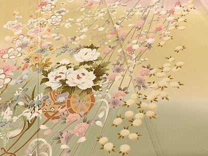 平和屋着物●豪華振袖 駒刺繍 片輪車花文 暈し染め 正絹 逸品 AABF0586fy