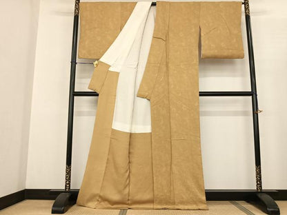 平和屋着物●上質な色無地 ふくれ織 辻が花地紋 飴色 正絹 逸品 AABF0592fy