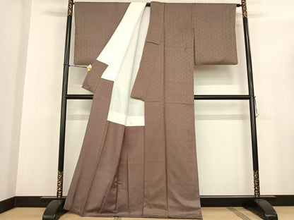 平和屋着物●お召 色無地 小葵 鶸茶色 正絹 逸品 AABF0593fy