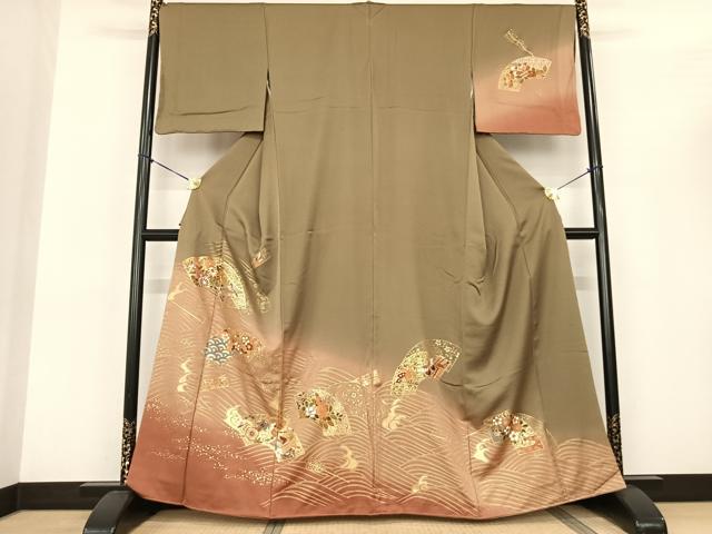 平和屋着物●訪問着 駒刺繍 地紙花鳥文 暈し染め 金彩 正絹 逸品 AABF0603fy