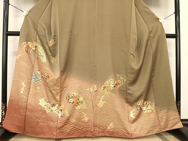 平和屋着物●訪問着 駒刺繍 地紙花鳥文 暈し染め 金彩 正絹 逸品 AABF0603fy