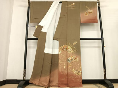平和屋着物●訪問着 駒刺繍 地紙花鳥文 暈し染め 金彩 正絹 逸品 AABF0603fy